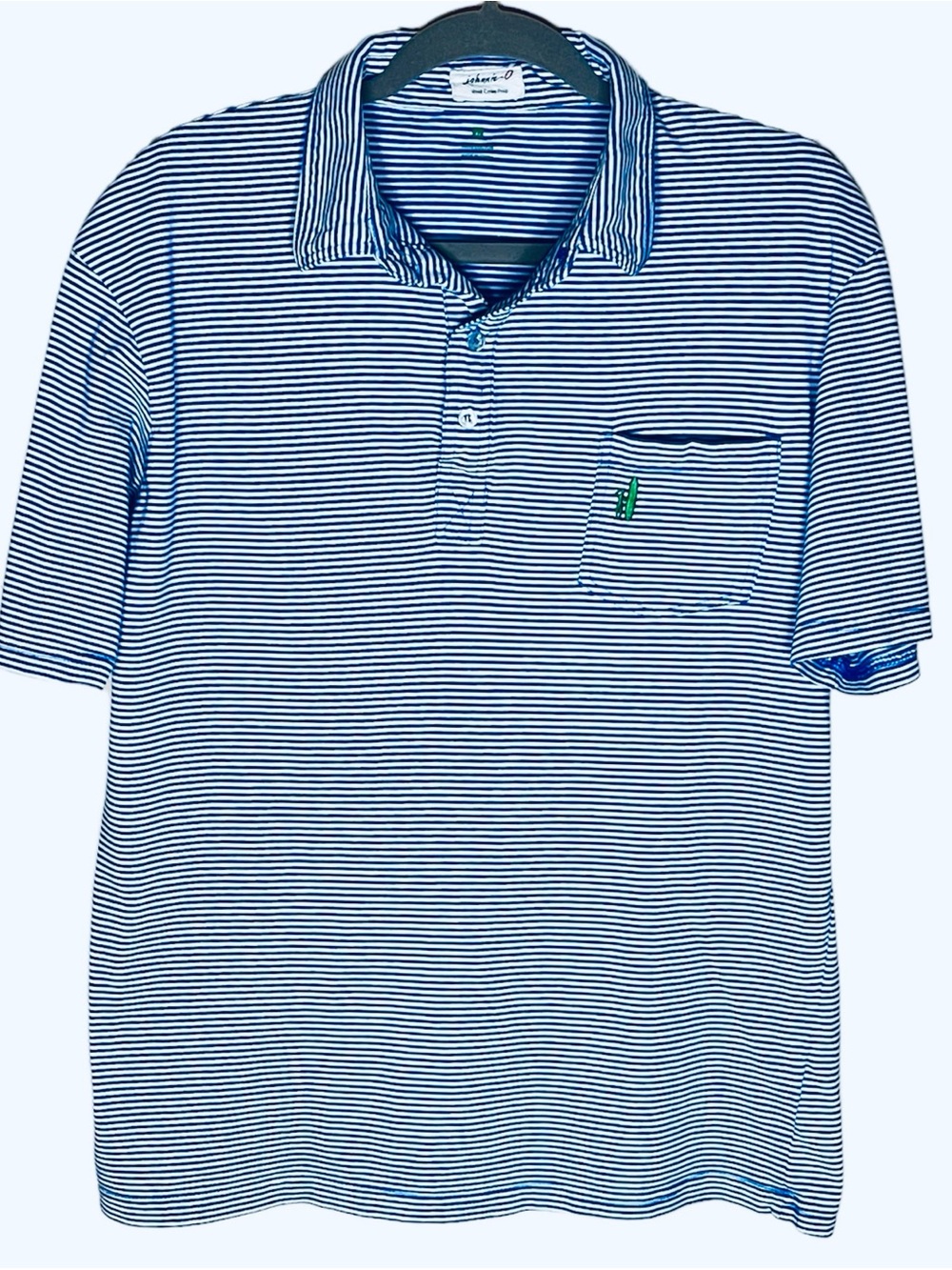 Johnnie-O West Coast Prep Polo shirt. Blue stripes. 100%cotton. Men’s Large